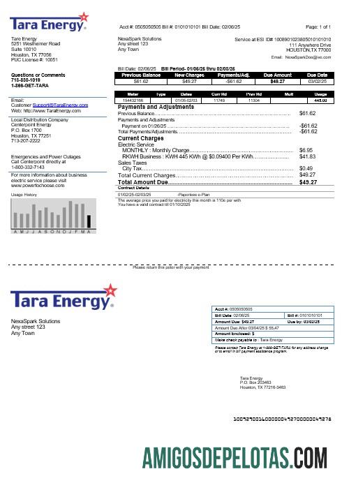 Para baixar modelo de conta de serviços públicos de energia dos EUA Texas Tara Energy em formatos Word e PDF
